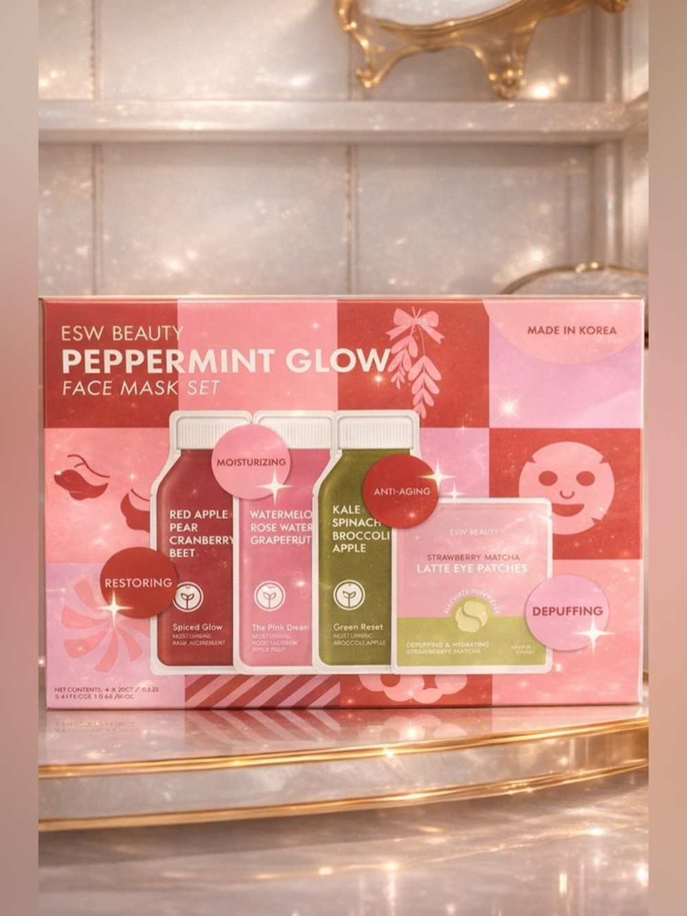 ESW Beauty Peppermint Glow Face Mask‎ Set + Eye Patches K-Beauty Holiday Kit